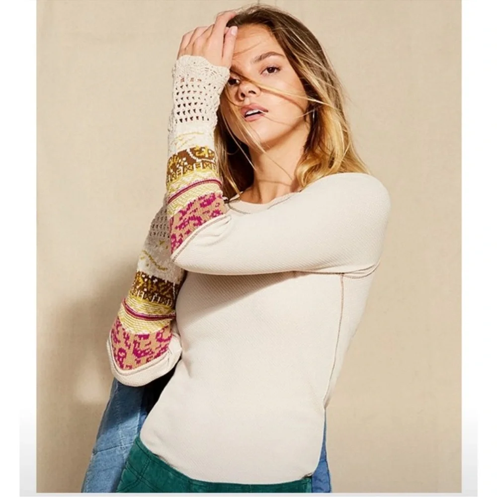 Free People Size Small Boho Thermal Top Crochet Cuff Patchwork Sleeve Cream